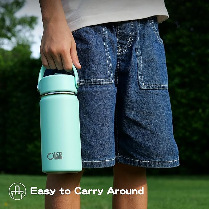 OISIZ Kids Water Bottle with Straw Lid 14oz, Vacuum Insulated 316 Stainless Steel Water Bottles for Kids for School, Leakproof Water Bottle, BPA Free and Keep Cold for 24 Hours,Ocean