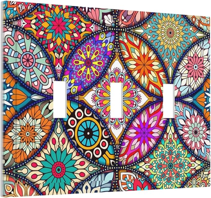 Bohemian Triple Toggle Light Switch Cover Decorative 3 Gang Wall Platescolorful Vintage Floral Mandala Flower Electrical Faceplate for Decor Bathroom Kitchen Bedroom