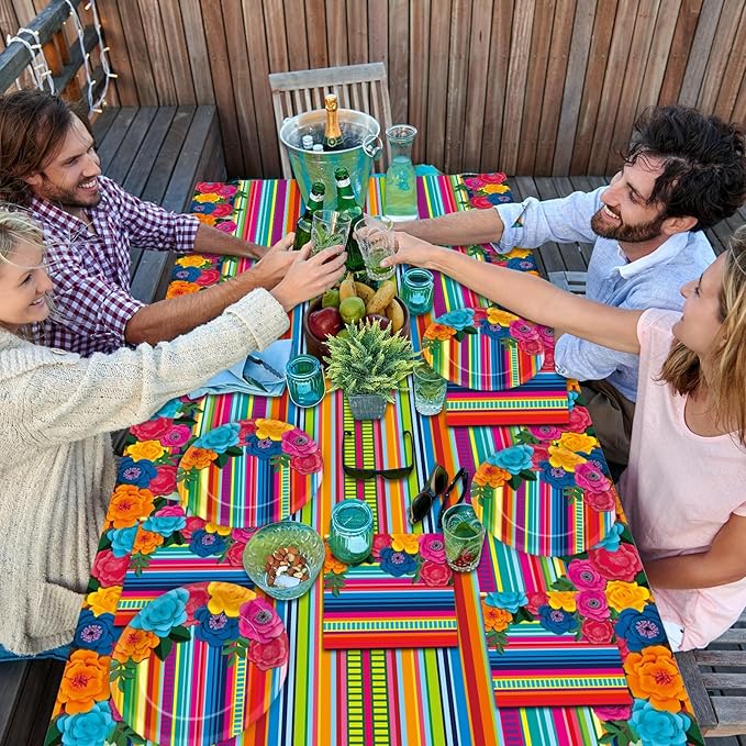 Mexican Party Decorations Fiesta Party Plates and Napkins Taco Birthday Supplies Mexican Paper Cake Dessert Disposable Tableware Set Table Cover Flowers Fiesta Tablecloths