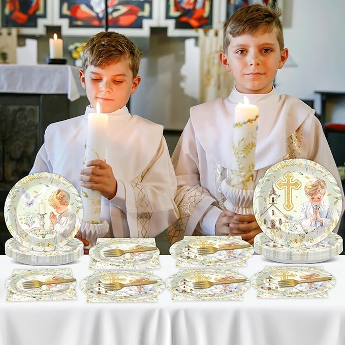 96Pcs First Communion Plates and Napkins for Baptism God Bless Party Supplies Green Mi Primera Comunion Paper Dessert Plates Tableware Set for Boy 24 Guests Baby Birthday Christening Party Decorations
