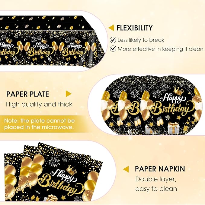 Black and Gold Party Decorations,41Pcs Happy Birthday Plates and Napkins Set Include Black Gold Paper Plates,Napkins,Tablecloth,for Men Women Happy Birthday Party Decorations Supplies,Serves 20