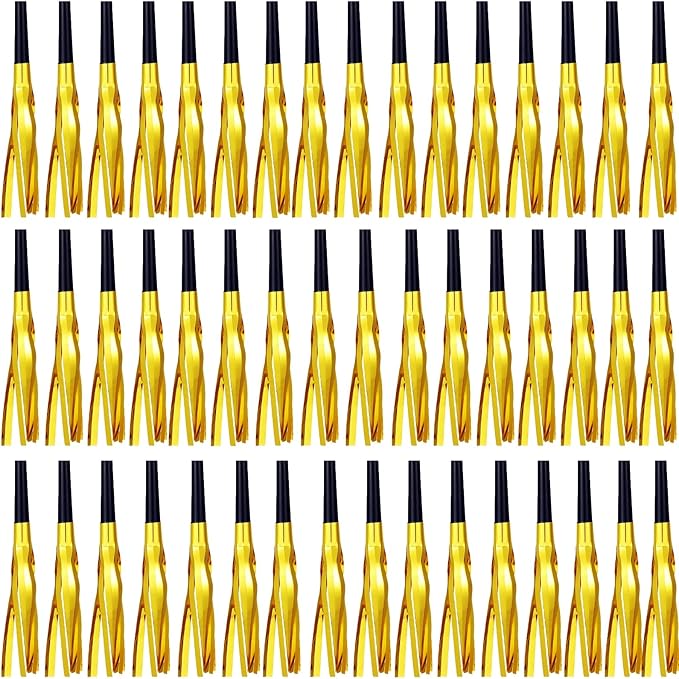 48 Pcs Gold Noise Makers Glitter Metallic Fringed Noise Makers Horns for Baby Shower, Kids Birthday, Wedding Party, New Year Party Favor