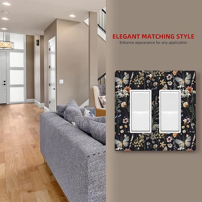 Vintage Flower Leaves Double Rocker Wall Plates Cute Bees 2 Gang Light Switch Cover Decorative Dark Backgrounds GFCI Electrical Switchplate Butterfly Dimmer Decor for Bedroom Kitchen Bathroom