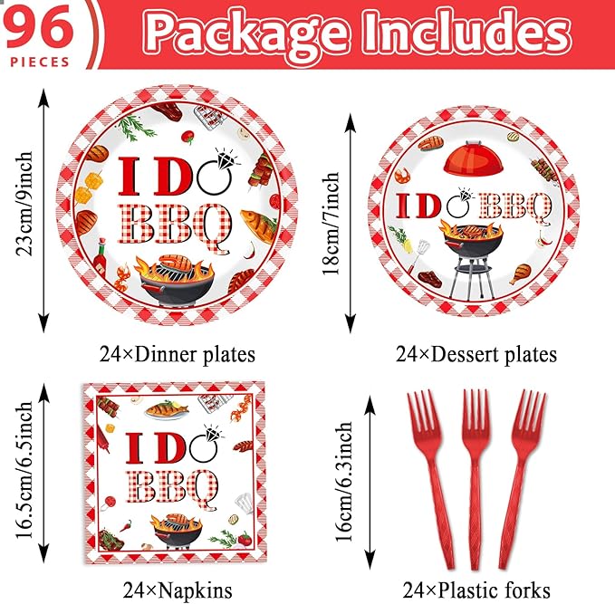 Wiooffen 96 Pcs BBQ Bachelorette Party Plates Napkins Tableware Set I Do BBQ Party Supplies Disposable Red and White I Do Dinnerware for Summer Wedding Engagement Bridal Shower Supplies, 24 Guests