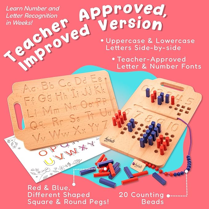 Hulats Montessori Counting Peg Board - Number & Letter Tracing Board - Wooden Montessori Alphabet & Counting Toys Toddlers 3+ Years Old - Alphabet Learning + Education Home Schooling Materials Pre-K