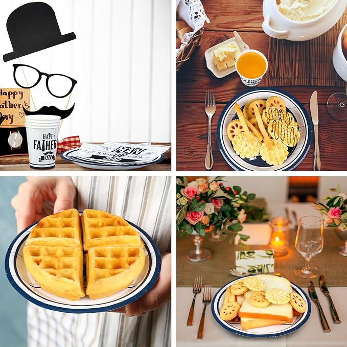 122 Pcs Happy Father's Day Plates and Napkins Set for 24 Guest Blessed Dad Paper Dessert Plates Cups and Napkin Kit Blue and White Disposable Tableware for Father Papa Grandpa Party Table Decorations