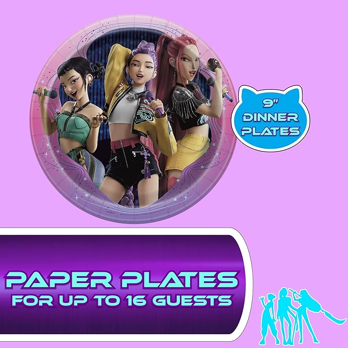 Unique K-Pop Demon Hunters Party Supplies | Complete Tableware Set | Serves 16 | Officially Licensed | Plates, Cups, Napkins, And Cutlery | Birthday Tableware For Kids, Buffets, Easy Cleanup
