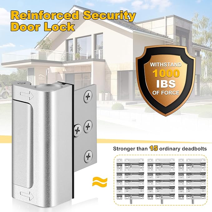 Home Security Door Lock, Upgraded Metal Door Reinforcement Lock, 3" Withstands 1000 lbs of Impact for Inward Swing Doors, Defender Door Locks for Kids Safety, Prevent Unauthorized Entry (Silver)