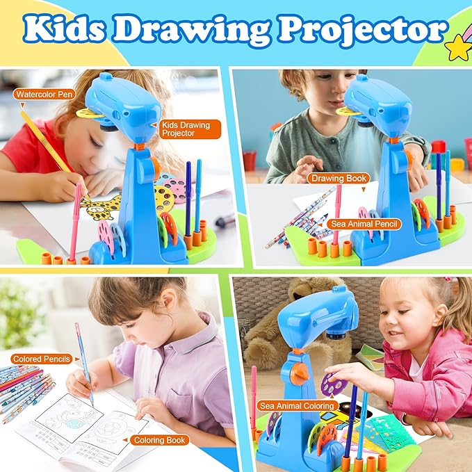 Sumsoltic Drawing Projector for Kids, Art and Craft Kit, Including Colored Pencils, Crayons, Coloring Books, Toys for 3+ Year Old Boys (Blue Drawing Kit v1)