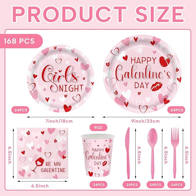 168pcs Galentines Day Paper Plates Napkins Pink Party Supplies Cups Disposable Tableware For Women Girls Galentines Day Decorations Serve 24 Guests