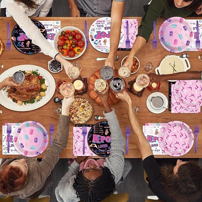 96pcs Kpop Party Paper Plates and Napkins Kpop Girl Party Decorations Music Star Disposable Dessert Plates Music Singer Demon Tableware Set Serves 24 Guests Boys Girls Kids Teenagers Birthday Supplies