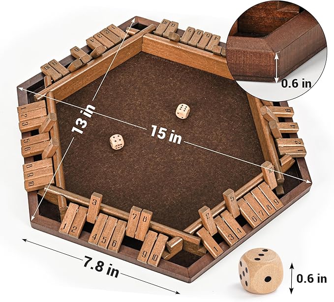 ropoda 6-Way Shut The Box Game-Upgraded 1-6 Player Wooden Dice Game for Adults and Kids, Addition Training, Fun for Family Game Night-Vintage Style