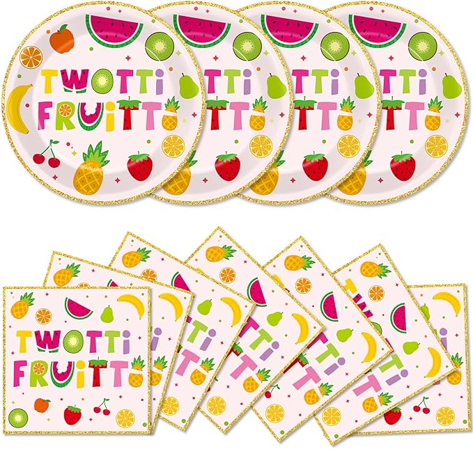 Qyeahkj 48Pcs Twotti Frutti Paper Plates and Napkins Summer Fruit 2nd Birthday Party Decorations Second Birthday Party Supplies Summer Fruit Disposable Tableware Set for Kids Boys Girls Serve 24