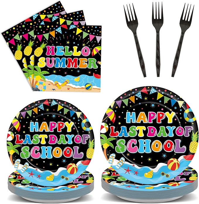 96 Pcs Happy Last Day of School Paper Party Plates and Napkins for Summer Vacation Supplies Summer End of School Year Theme Dessert Tableware Set for 24 Guests Birthday Party Decorations