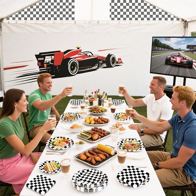 40 Pcs Race Car Plates and and Napkins - Black and White Checkered Birthday Decorations Tableware, Racing Cars Dinner Dessert Paper Plates Checkered Flag Napkins Set for Race Car Sport Party Supplies