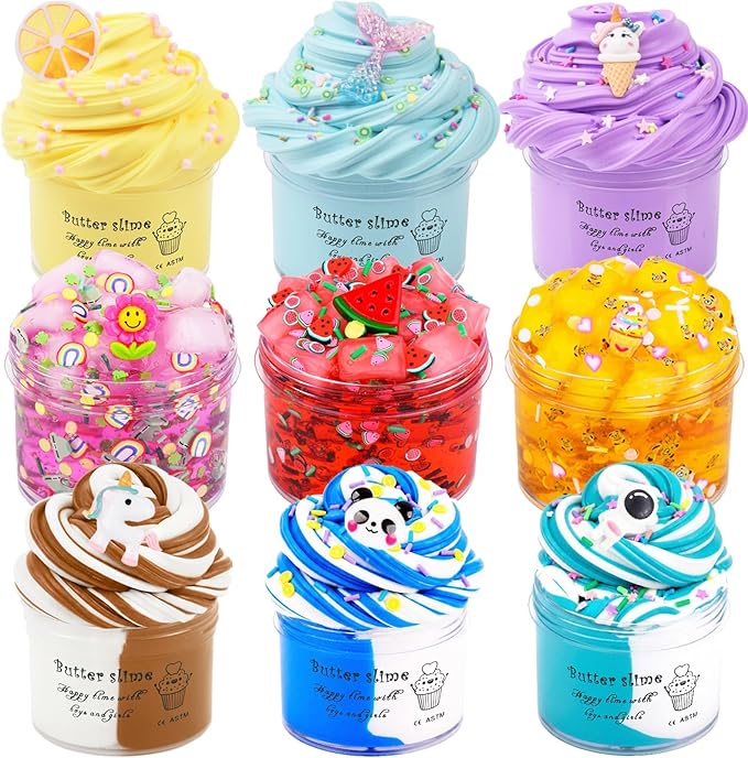 9 Pack Slime Kit - with 3 Jelly Cube Crunchy Slime and 6 Butter Slime, Non-Sticky, Mess-Free, Stress Relief Clear Slime - Toys for Girls and Boys - Party Favor, Stress Relief Toy, Classroom Reward