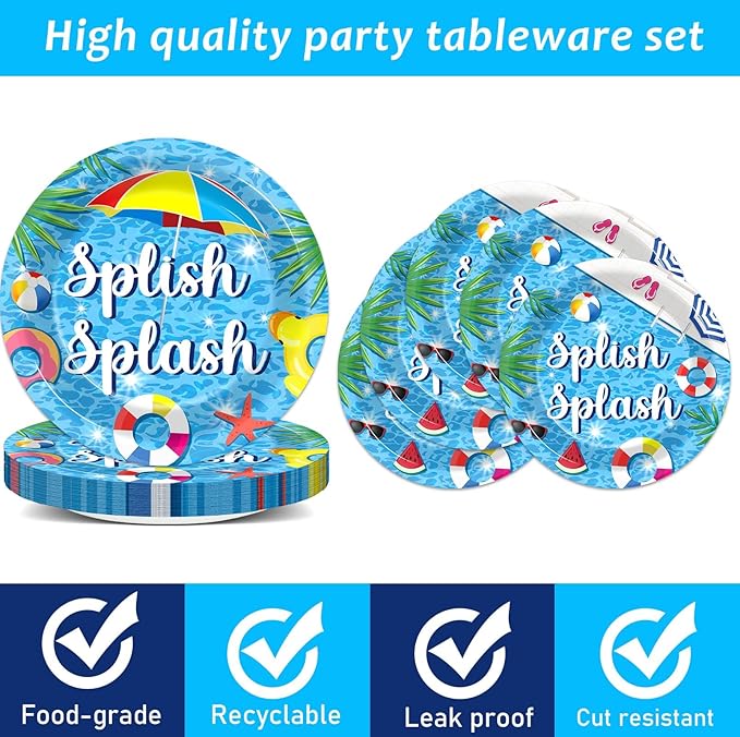 Splish Splash 96Pcs Bash Tableware Set - Pool Party Plates, Napkins, Dessert Plates for 24 Guests - Summer Beach Hawaiian Birthday Party Favors & Decorations