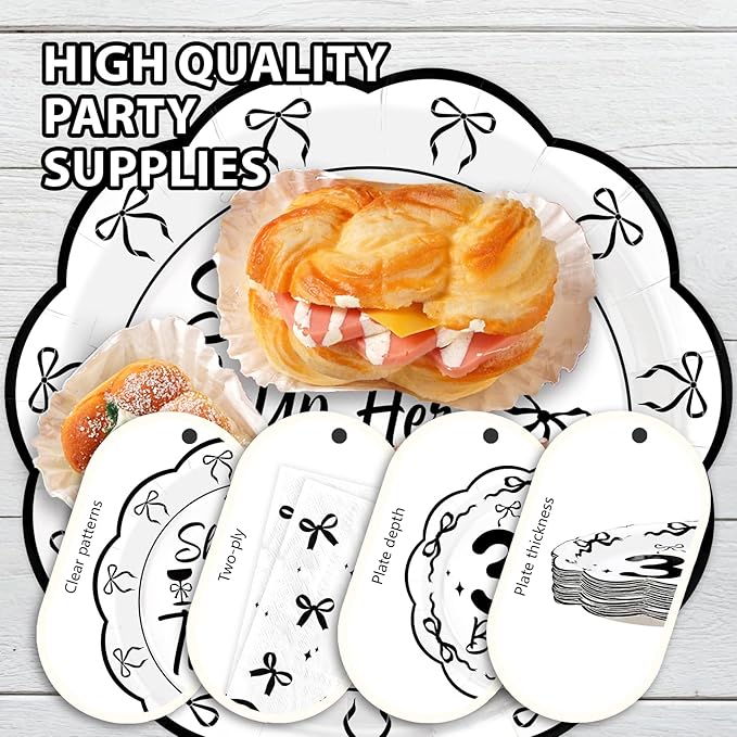 96Pcs Black Bow 30th Birthday Party Decorations She's Tying up Her Twenties Plates and Napkins Scalloped Black and White Bow Tableware Set for 30 Years Old Women Rip 20s Birthday Supplies Serves 24