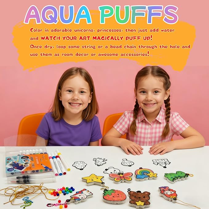 SJHSJH Aqua Puffs 3D Art Kit for Kids, Mess-Free Paint by Number Crafts with Princesses & Unicorns, DIY Color & Inflate Activity Set, Creative Travel Toy & Gift for Girls & Boys Ages 4-10