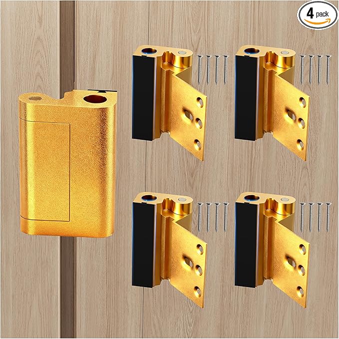 Tonitrui Home Security Door Reinforcement Lock for Front/Inward Swing Doors - Upgraded Reinforced 1200lbs Capacity, Night Kids Safety Metal Flip Deadbolt Latch (4Pack Gold)