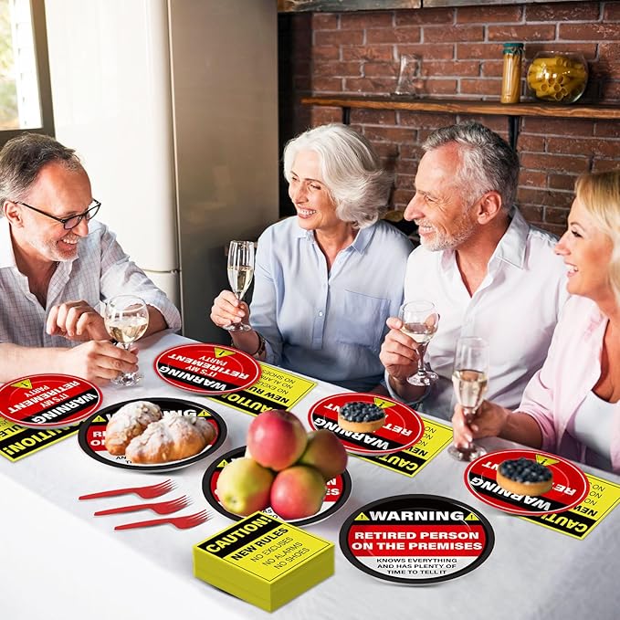 Qyeahkj 100 Pcs Funny Happy Retirement Party Supplies Caution Retirement Paper Plates and Napkins Set Disposable Warning Sign Tableware Decorations for Men Women Farewell Going Away Party Serves 25