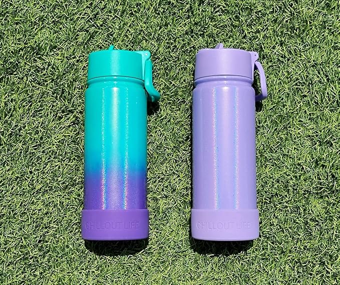 CHILLOUT LIFE 17 oz Kids Insulated Water Bottle with Straw Lid Leakproof and Cute Waterproof Stickers, Personalized Stainless Steel Thermos Flask Metal Water Bottle, Purple Sparkle