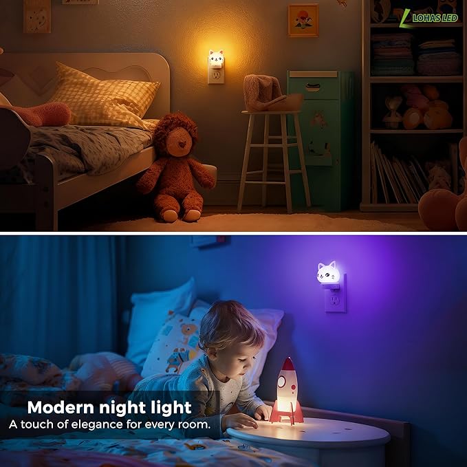L LOHAS LED Plug in Night Light for Kids,2-Pack 3D Cute Cat Night Lights with Dusk to Dawn Sensor, RGB+Soft White 3000K Cat Night Light,Christmas Birthday Gift Nightlight for Kids,Room Decor