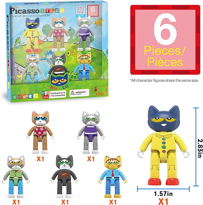 PicassoTiles 6pcs Pete the Cat Magnetic Figures Family Animal Action Character Toddler Toys Magnet Expansion Pack Building Blocks Add-on Educational STEM Learning Kit Construction Brain Tiles PTC01