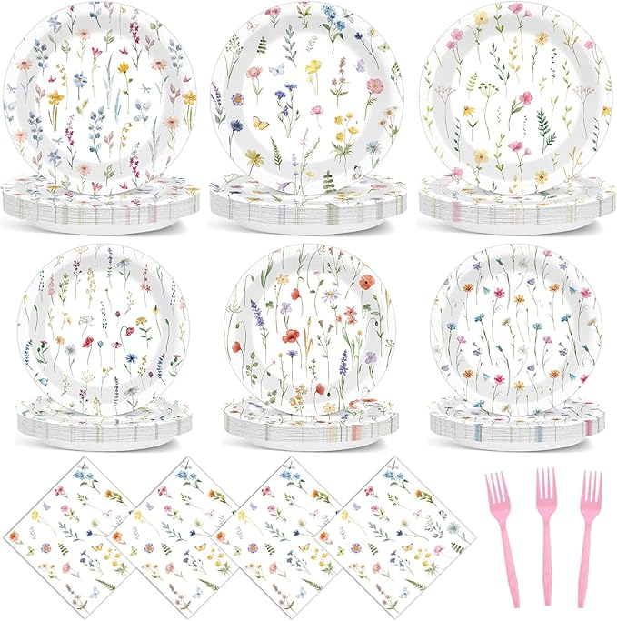 96Pcs Wildflower Party Supplies Floral Themed Paper Plates Napkins Wildflower Butterfly Tableware Disposable Dinnerware Decoration Set for Girls Birthday Wedding Bridal Baby Shower Party Table Decor