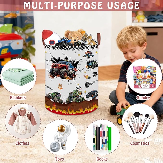 Monster Trucks Storage Basket Laundry Hamper,Collapsible Car Room Decor for Boys,Waterproof Monster Trucks Easter Gift Bag,45L Large Clothes Towel Toy Book Nursery Hamper(Round)