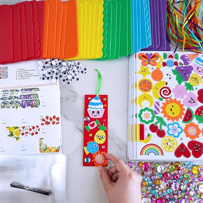 Winlyn 36 Sets Summer Crafts Kits DIY Whimsical Bookmarks Decorations Art Sets Fruits Treats Animals Sun Rainbow Foam Stickers for Kids Classroom Activities Reading Rewards Birthday Camp Party Favors