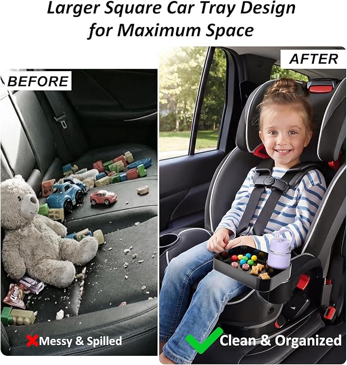 Car Seat Snack Tray for Kids, Mess-Free Square Travel Tray Cup Holder Snack Tray, Durable Car Food Tray for Toddlers, Universal Fit Kids Travel Road Trip Essentials (2Pcs black)