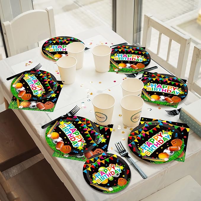 Sports Party Plates Napkins Sports Happy Birthday Party Tableware Baseball Football Soccer Basketball Rugby Disposable Paper Plates Napkins for Boy Birthday Decoration Supplies Favors 24 Guests