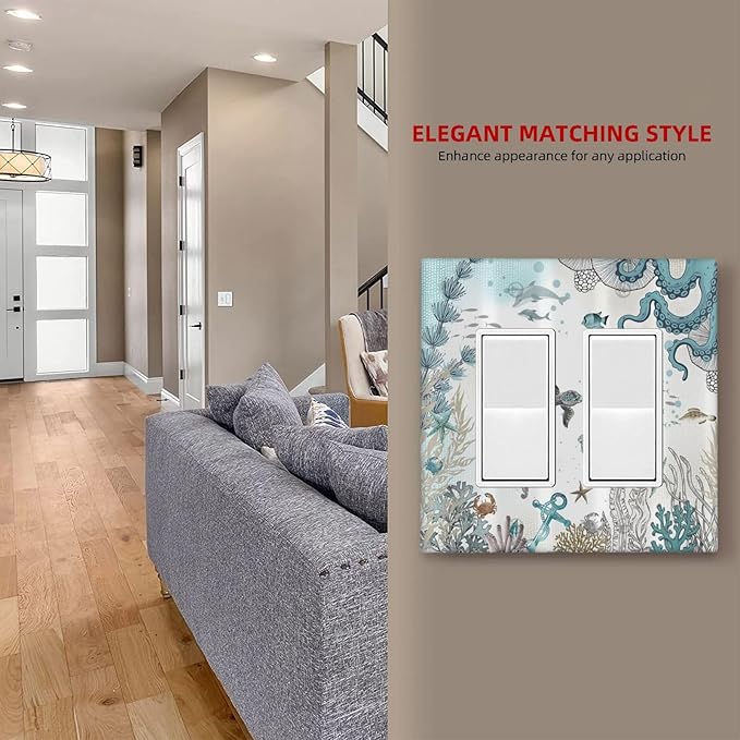 Sea Turtle Octopus Ocean Underwater Animal 2 Gang Rocker Decora Light Switch Covers Decorative Unique Dual Outlet Covers Wall Plate Electrical Faceplate Switchplate GFCI for Bedroom Bathroom Decor