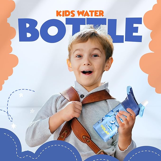 YOLAY 15oz Kids Water Bottle For School Boys and Girls, Durable Toddler Water Bottle with Straw Lid Leak-Proof, Spill Proof, Easy Clean and Dishwasher Safe with Re-Usable and BPA Free - Shark