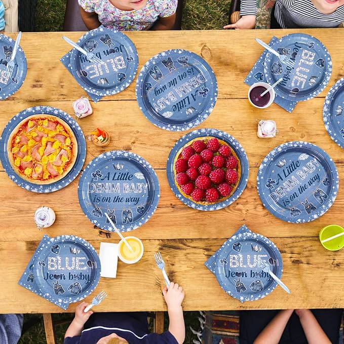 96Pcs Blue Jean Baby Shower Decorations Denim and Diamonds Birthday Plates and Napkins Tableware Sets A Little Denim Baby is on the Way Decorations for Kids Boys Blue Jeans Birthday Supplies Serves 24