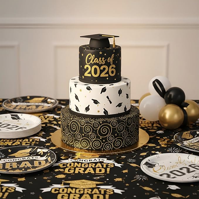 Graduation Plates and Napkins 2026,97PcsBlack Disposable Grad Plates Class of 2026 Dessert Plates Napkins,Tablecloth,Forks,Graduation Decorations for Congrats Grad Party,Serve 24
