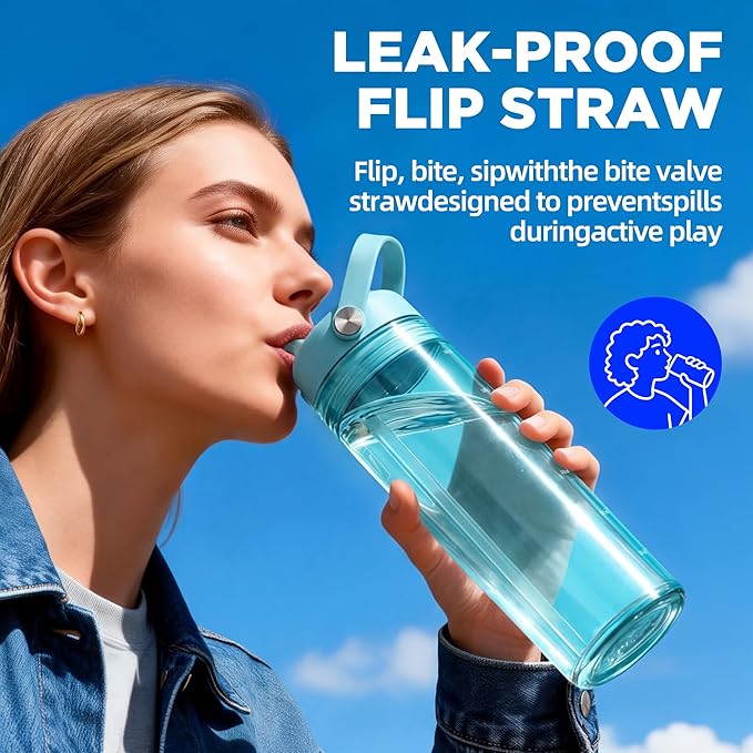 20oz Kids Water Bottle, BPA Free Thick Tritan Plastic Reusable, Clear Water Bottle with Straw, Leakproof Lid, Dishwasher Safe, Boy girl for School,Travel,Cool Mint Blue