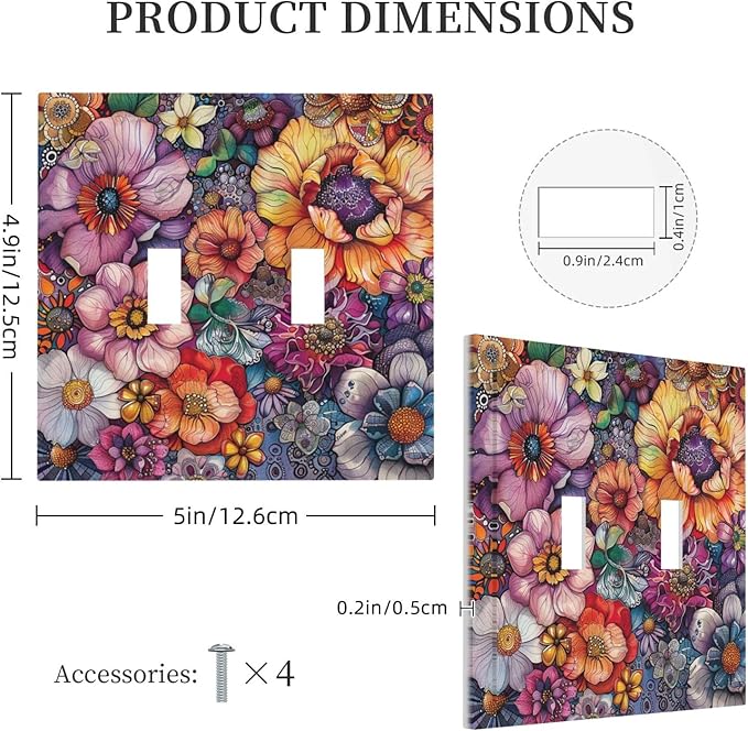 Decorative Switch Plates Colorful Bohemian Flowers Vintage Boho Floral 2 Gang Double Toggle Outlet Light Switch Cover Wall Plate Electrical Faceplate for Bed Room living Room Decor