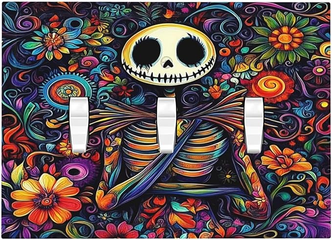 Decorative Switch Plates Colorful Flowers Abstract Skull 3 Gang Wall Plate Triple Toggle Light Switch Cover Faceplate Electrical Wall Panels For Home Living Room Decor