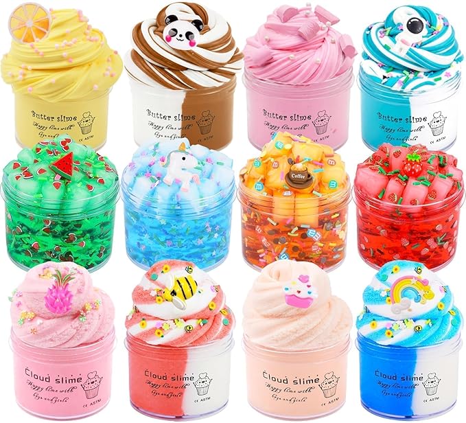 12 Pack Slime Kit - with 4 Jelly Cube Crunchy Slime, 4 Cloud Slime and 4 Butter Slime, Soft & Non-Sticky- Toys for Girls and Boys - Arty Favor, Stress Relief Toy, Classroom Reward
