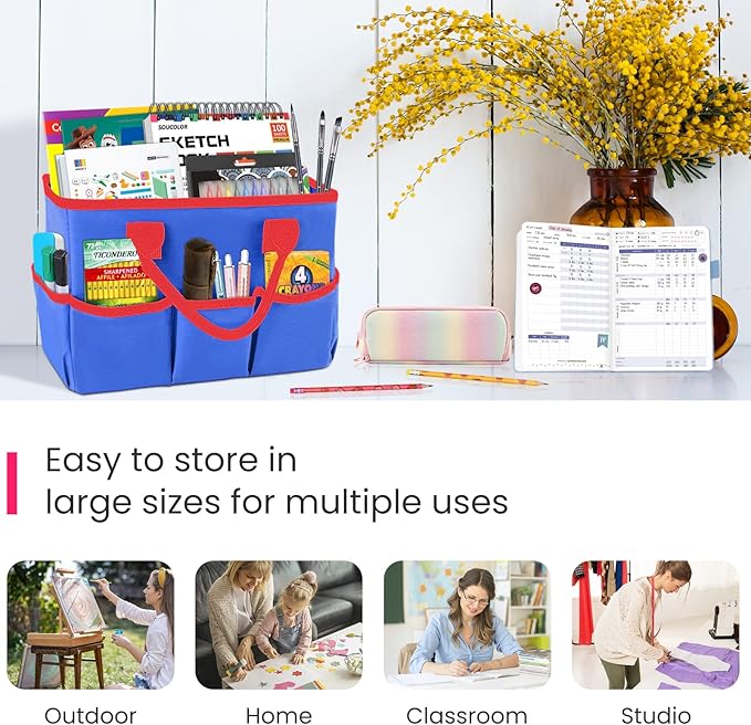 Godery Desktop Tote and Organizer, Teacher Helper Bag for Arts, Books, Stationery, Office Desk, Make-up Storage with Handles for Travel (Blue)