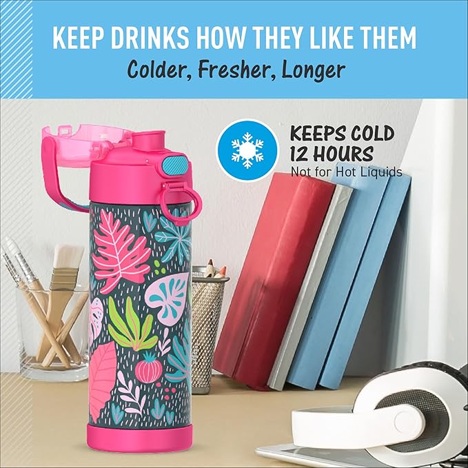 THERMOS FUNTAINER 16 Ounce Stainless Steel Vacuum Insulated Bottle with Wide Spout Lid, Tropical Foliage