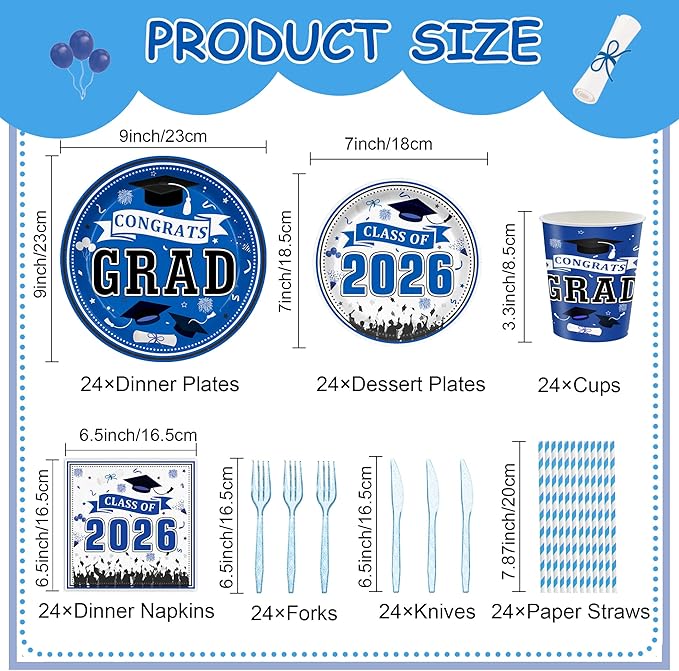 168 PCS Blue Graduation Disposable Party Supplies Serves 24, Blue Gold Disposable Tableware Set with Plates Cups Napkins Cutlery Straws, School Student Graduation Birthday Decorations for Boys & Girls