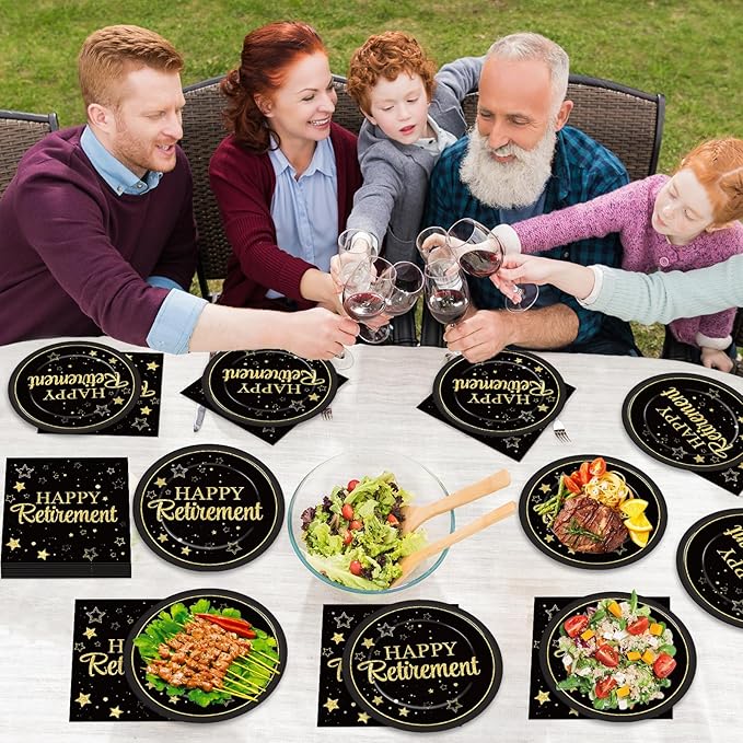 48Pcs Happy Retirement Paper Plates and Napkins Retirement Party Decorations Farewell Black and Gold Party Supplies Disposable Dinnerware Dessert Plates for Birthday Graduation Women Men Serves 24