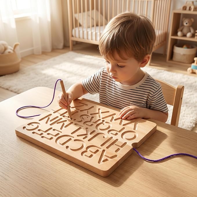 Suwimut Number & Letter Tracing Board, Portable Wooden Alphabet Learning Sensory Pad Board Montessori Toys for Kids Age 3-5, Double Sided Writing Tools for Beginner Preschool Classroom 3+ Years Old