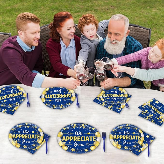 96Pcs We Appreciate You Party Plates and Napkins for Employee Staff Appreciation Blue Gold Supplies Work Anniversary Themed Plate Thank You Tableware Set for Teacher 24 Guests Party Decorations