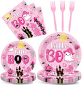 ZOIIWA 96PCS Halloween Little Boo Baby Shower Party Tableware Set for Girls Ghost Party Supplies for 24 Guests Disposable Pink and Black Boo Dinnerware Plates Napkins Forks for Halloween Party Favors