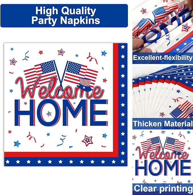 100Pcs Military Welcome Home Decorations Patriotic Army Soldier Homecoming Plates Napkins Proud of You Deployment Returning Party Decor Supplies Red White Blue Welcome Home Tableware Serve 25 Guests