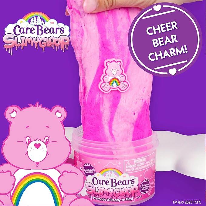 Care Bears Cheer Bear SLIMYGLOOP, Pink Bubblegum-Scented Cloud Slime, Collectible Charm Included, Care Bear Party Favors, Fun Goody Bags Stuffers, Cute Things for Girls